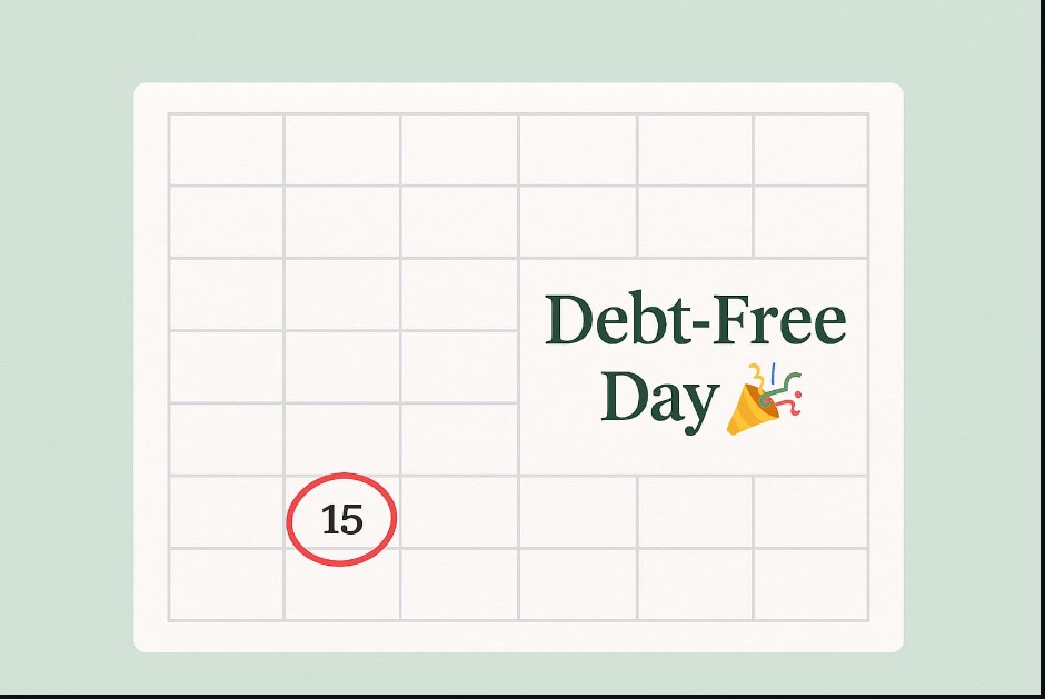 A calendar with the 15th circled, celebrating Debt-Free Day, symbolizing freedom from credit card debt.